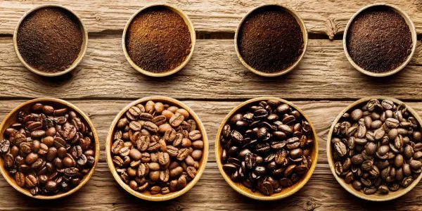 Different coffee beans and their grinds
